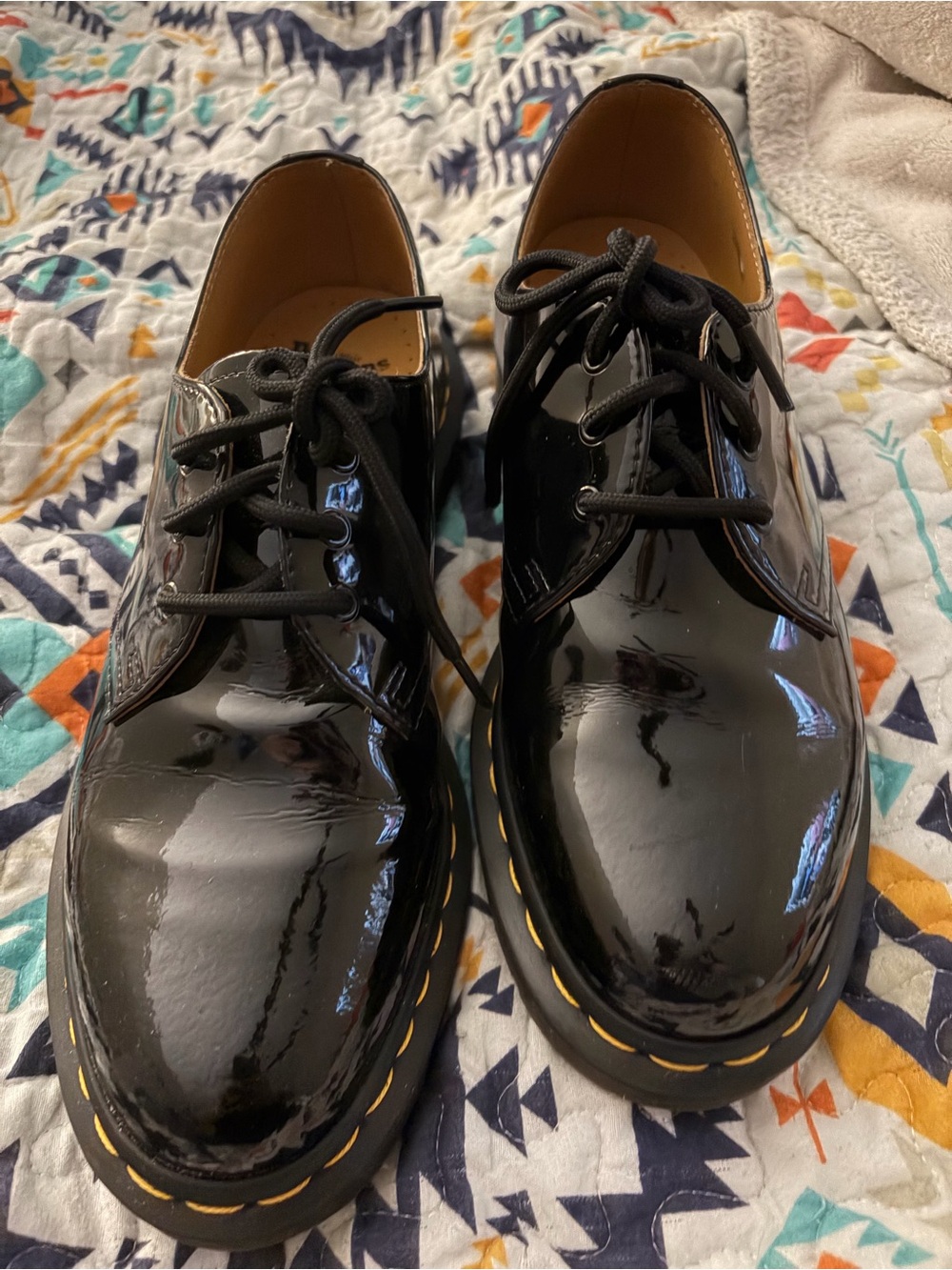 Dr. Martens Black Patent Leather Lace-Up Oxfords with Yellow Welt Stitching
